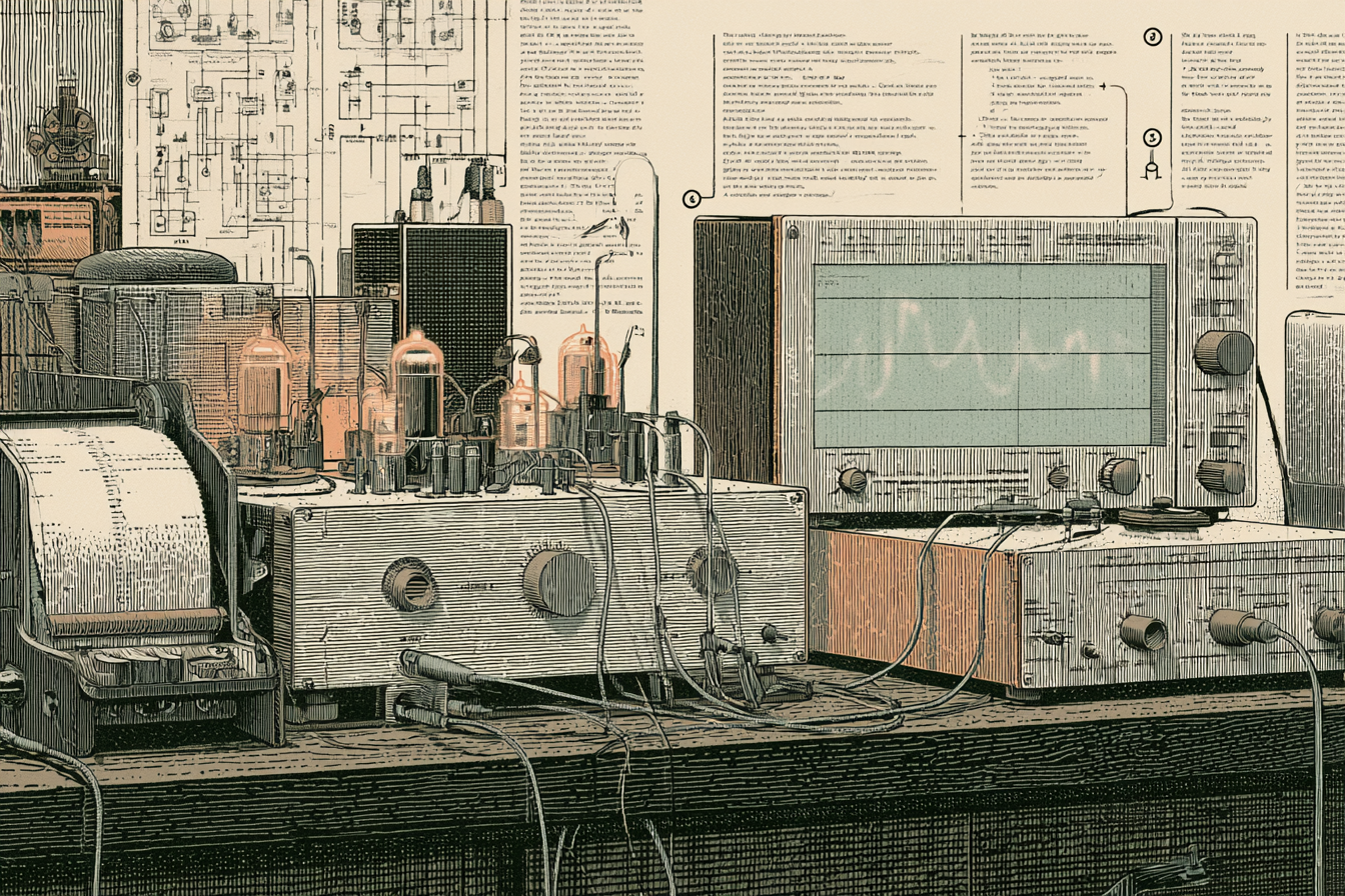 A mid-century electronic apparatus with vacuum tubes, a paper chart recorder, and a cathode-ray oscilloscope
