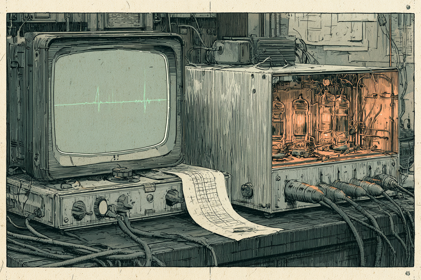 A cathode-ray monitor beside a paper chart recorder and an open electronic chassis with glowing vacuum tubes